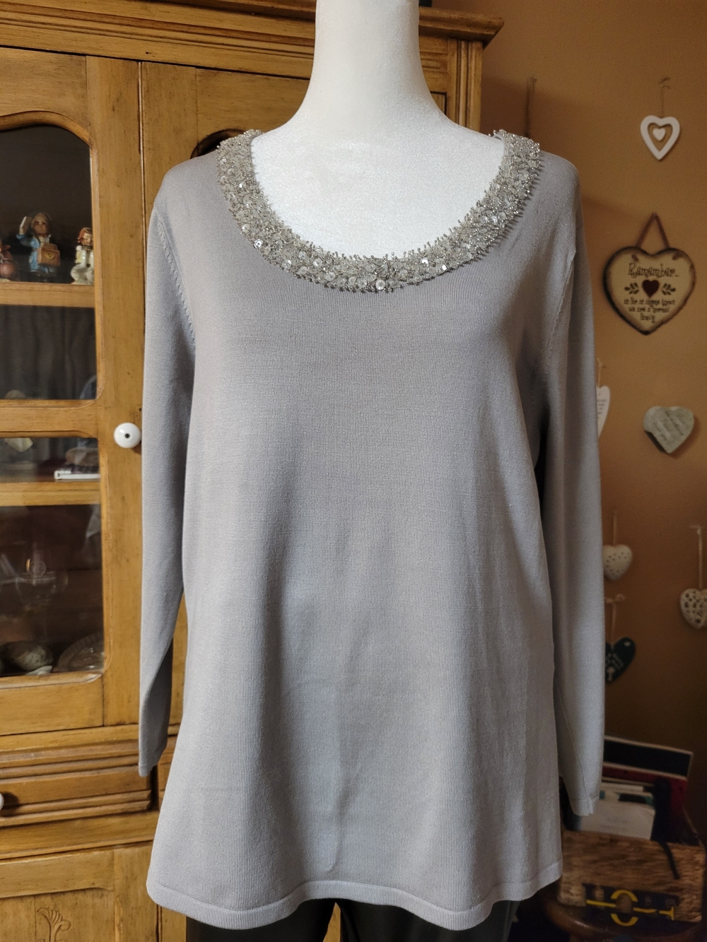 Talbots Gray Beaded Scoop Neck Silk Blend Sweater/Top L